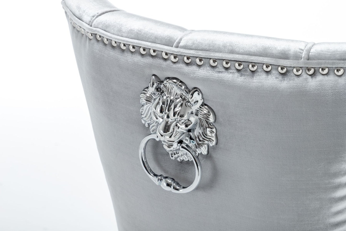 Quilted French Velvet Wing Back Lion Head Knocker Chrome Leg Dining Chair -Silver Shimmer