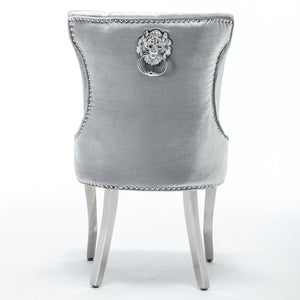 Quilted French Velvet Wing Back Lion Head Knocker Chrome Leg Dining Chair -Silver Shimmer