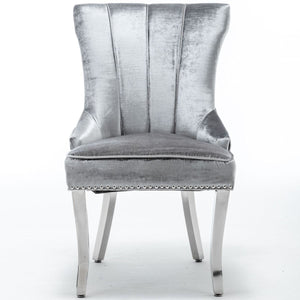 Quilted French Velvet Wing Back Lion Head Knocker Chrome Leg Dining Chair -Silver Shimmer