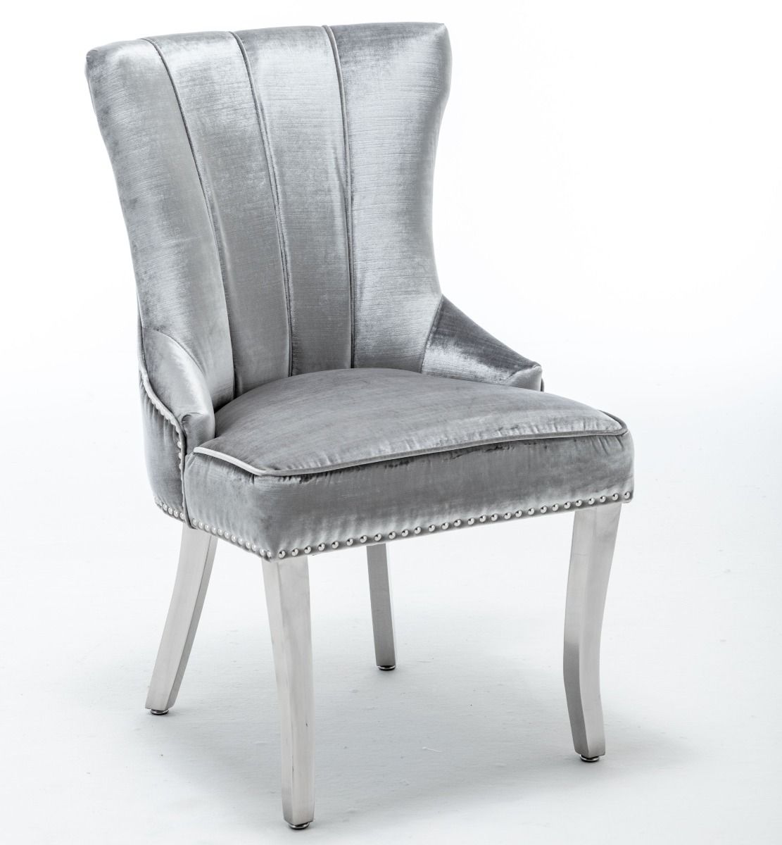 Quilted French Velvet Wing Back Lion Head Knocker Chrome Leg Dining Chair -Silver Shimmer