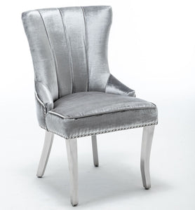 Quilted French Velvet Wing Back Lion Head Knocker Chrome Leg Dining Chair -Silver Shimmer