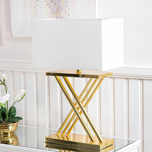 Load image into Gallery viewer, 70cm Gold Plated X-Design Table Lamp with White Linen Shade