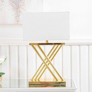 70cm Gold Plated X-Design Table Lamp with White Linen Shade
