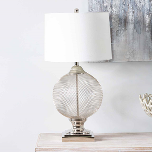 78cm Round Wire Mesh Base Table Lamp with White Linen Shade