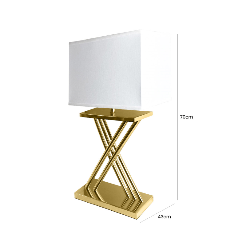 70cm Gold Plated X-Design Table Lamp with White Linen Shade