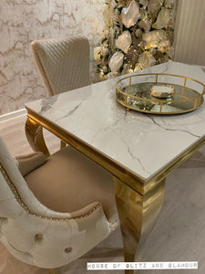 Louis Ice White And Grey Dining Table With Gold Legs Sintered  Top + 4 Cream Giselle Dining Chairs