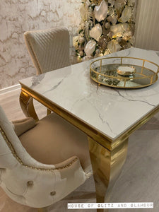 Louis Ice White And Grey Dining Table With Gold Legs Sintered  Top + 6 Cream Giselle Dining Chairs