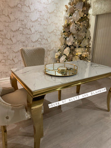 Louis Ice White And Grey Dining Table With Gold Legs Sintered  Top + 6 Cream Giselle Dining Chairs