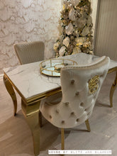 Load image into Gallery viewer, Louis Ice White And Grey Dining Table With Gold Legs Sintered  Top + 4 Cream Giselle Dining Chairs