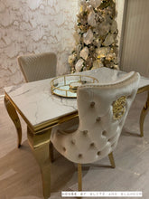 Load image into Gallery viewer, Louis Ice White And Grey Dining Table With Gold Legs Sintered  Top + 6 Cream Giselle Dining Chairs