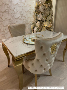 Louis Ice White And Grey Dining Table With Gold Legs Sintered  Top + 4 Cream Giselle Dining Chairs