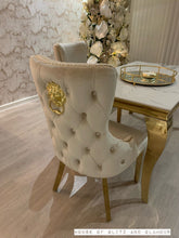 Load image into Gallery viewer, Louis Ice White And Grey Dining Table With Gold Legs Sintered  Top + 6 Cream Giselle Dining Chairs