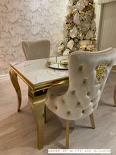 Load image into Gallery viewer, Louis Ice White And Grey Dining Table With Gold Legs Sintered  Top + 6 Cream Giselle Dining Chairs